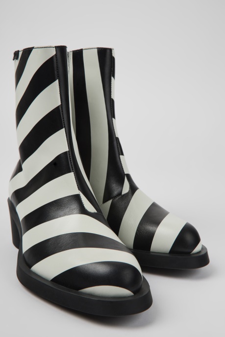 Camper AU Bonnie Black And White Striped Leather Boots For Women New Arrivals