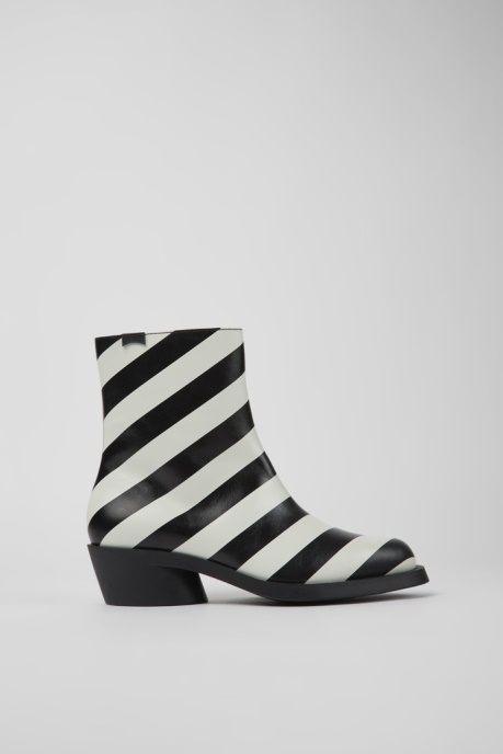 Camper AU Bonnie Black And White Striped Leather Boots For Women New Arrivals