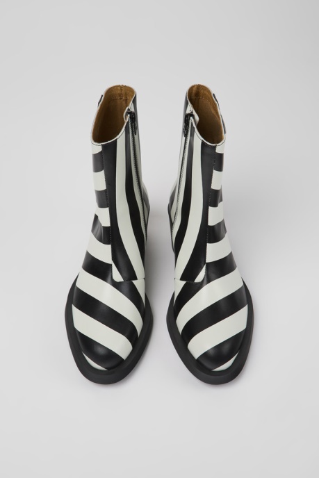 Camper AU Bonnie Black And White Striped Leather Boots For Women New Arrivals
