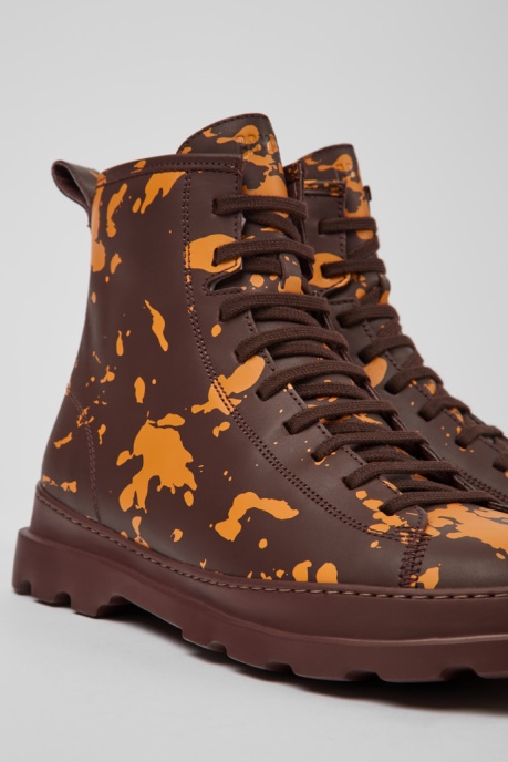 Camper AU Brutus Burgundy And Orange Leather Ankle Boots For Men New Arrivals